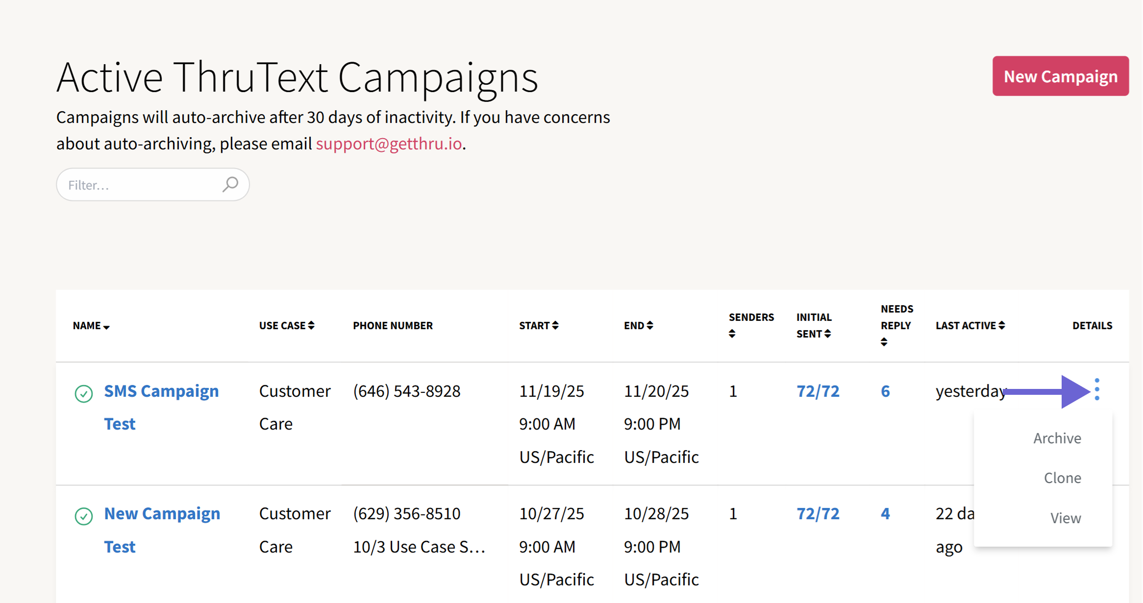 Screenshot of the Active Campaign index