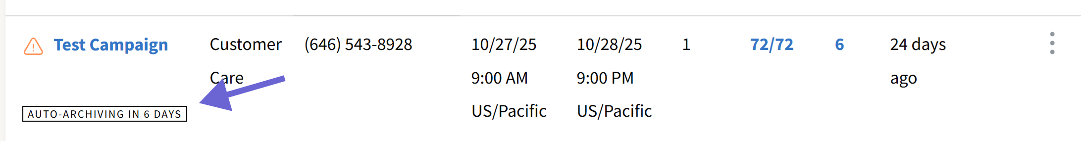 Screenshot of the auto archive status flag for a campaign on the index page