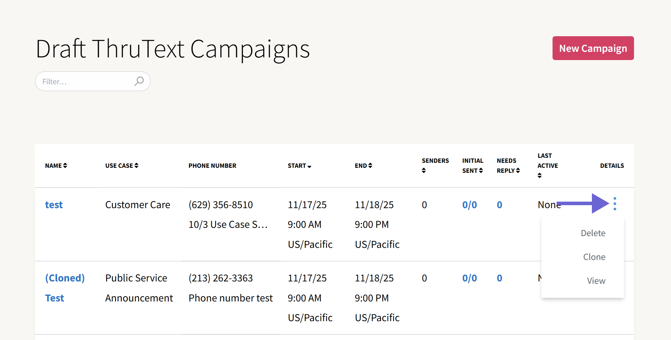 Screenshot of the Draft Campaign index