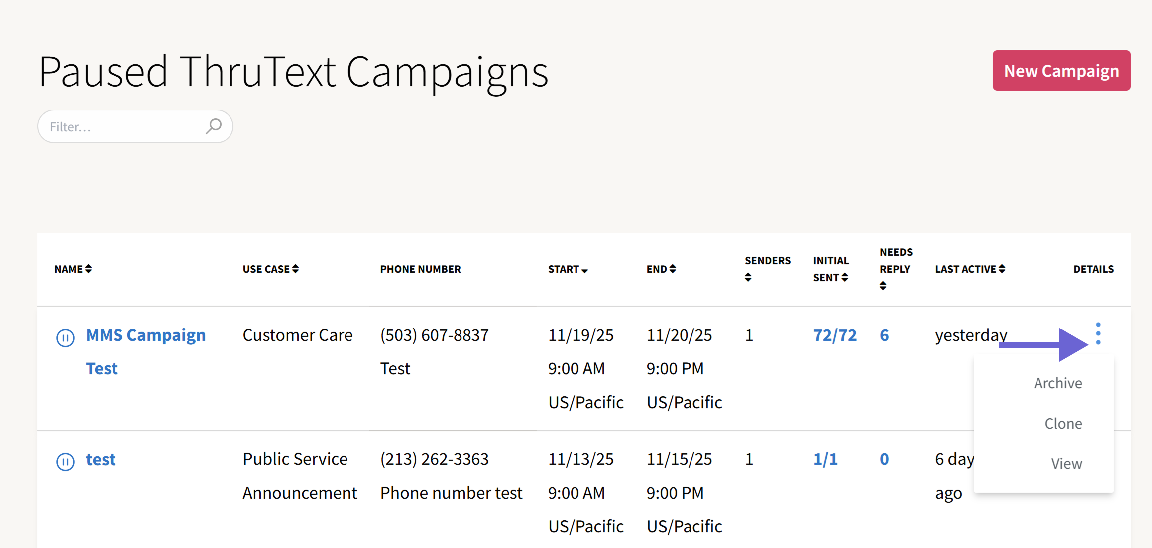 Screenshot of the Pause campaign index