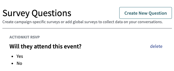 Survey Questions page in a ThruText campaign showing an ActionKit RSVP question, “Will they attend this event?”, with Yes and No response options.