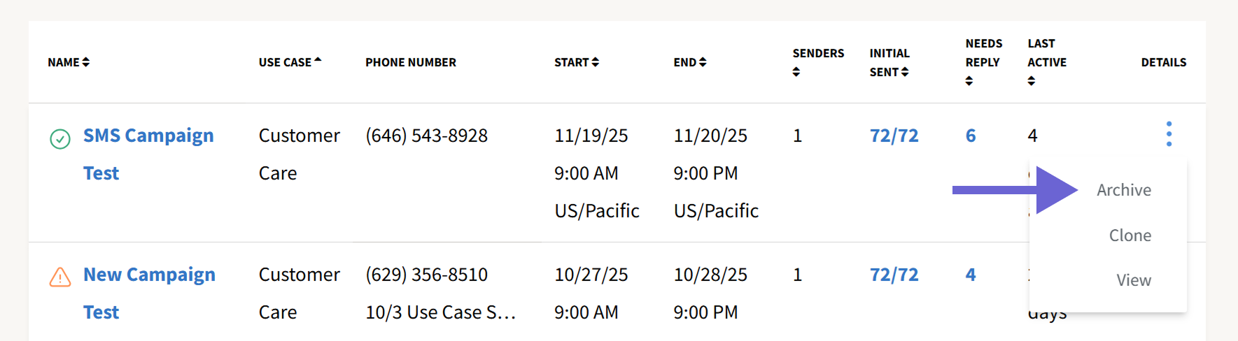Screenshot of the ThruText Campaign index page with an arrow pointing to the Archive button