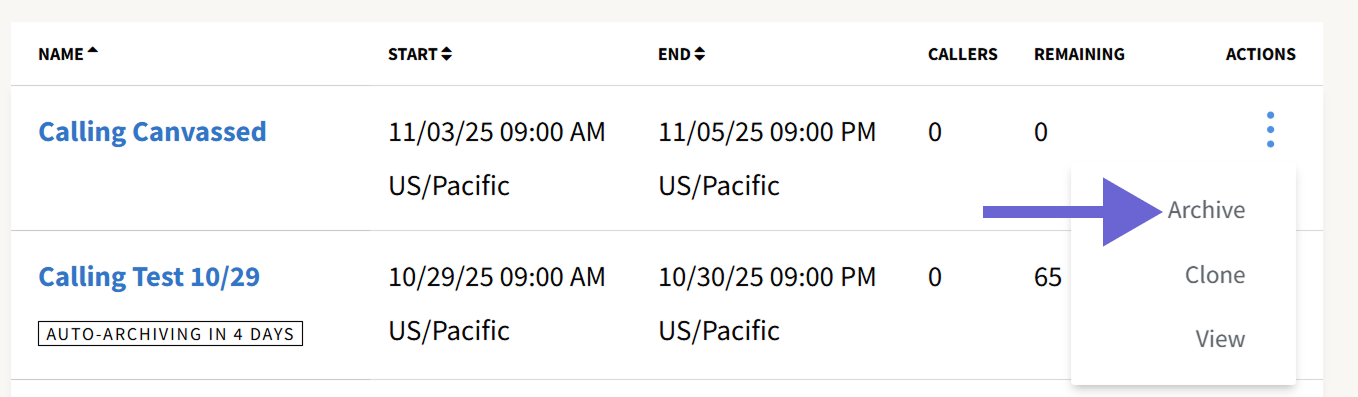 Screenshot of the ThruText Campaign index page with an arrow pointing to the Archive button