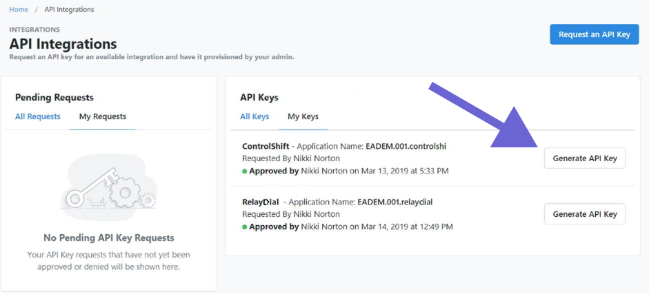 Screenshot of a populate API integrations "request a key" page.