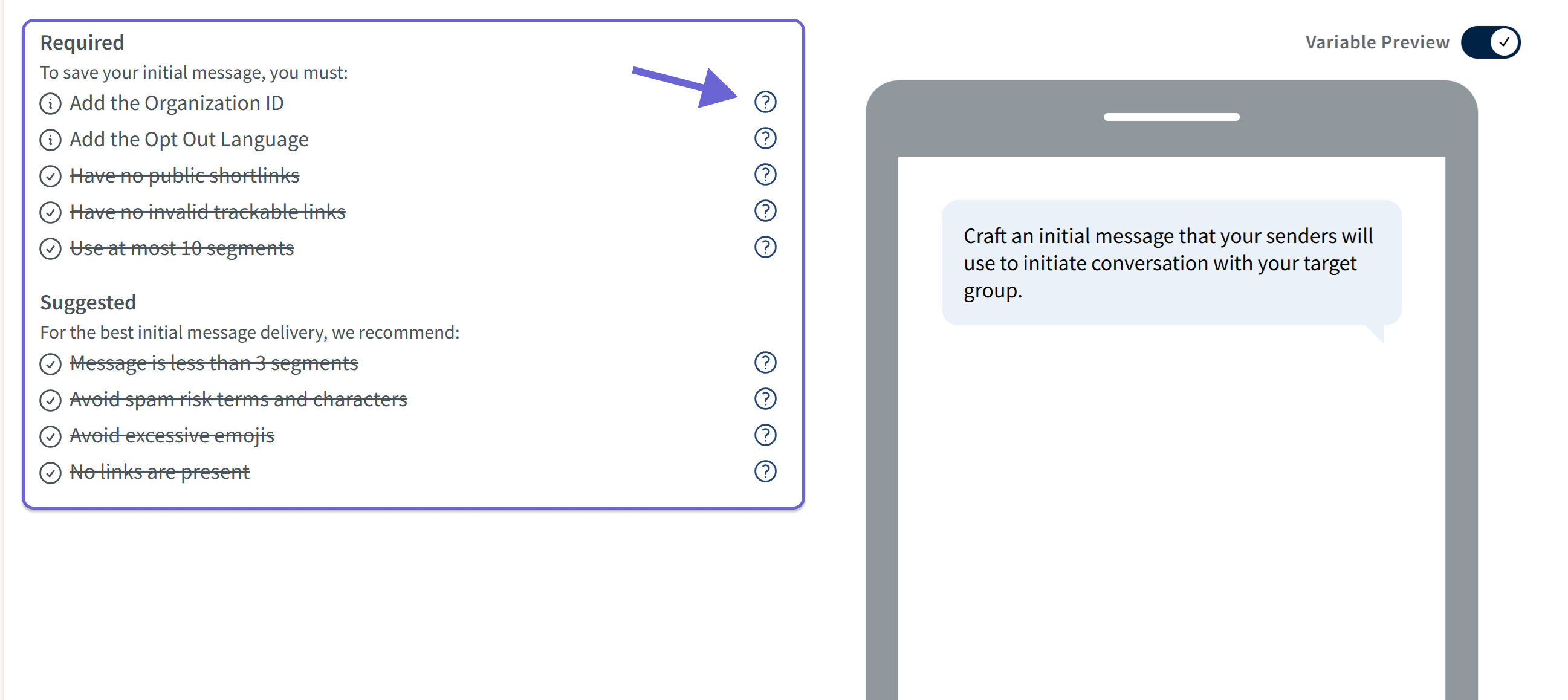 Screenshot of the campaign initial message script page where required and suggested tips are provided