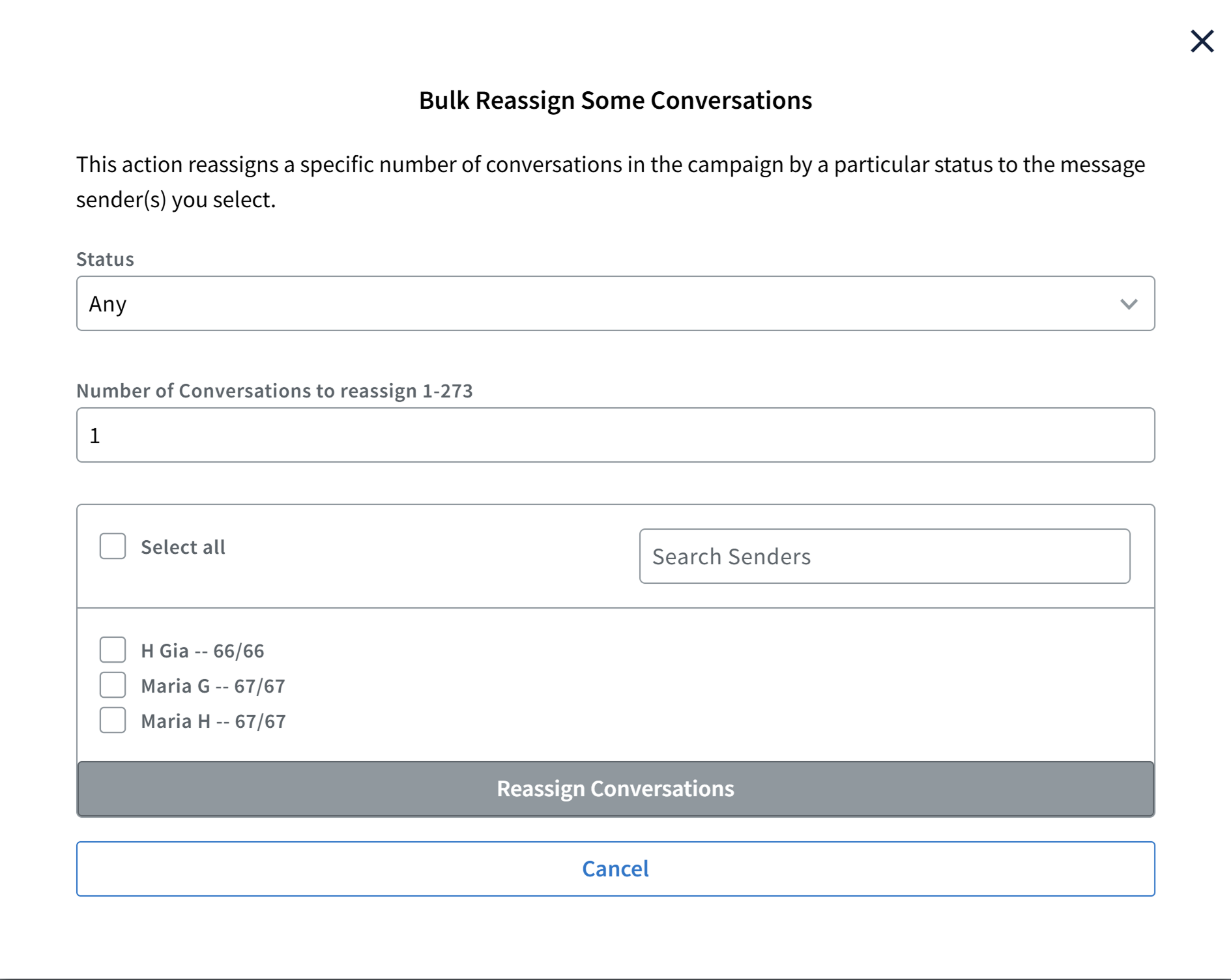 Screenshot of the Bulk Reassign Some Conversations window
