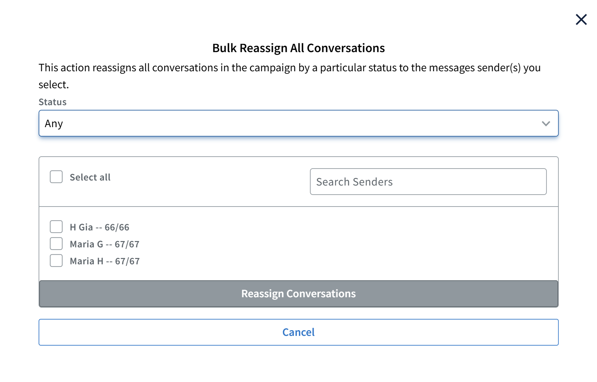 Screenshot of the Bulk Reassign All Conversations window