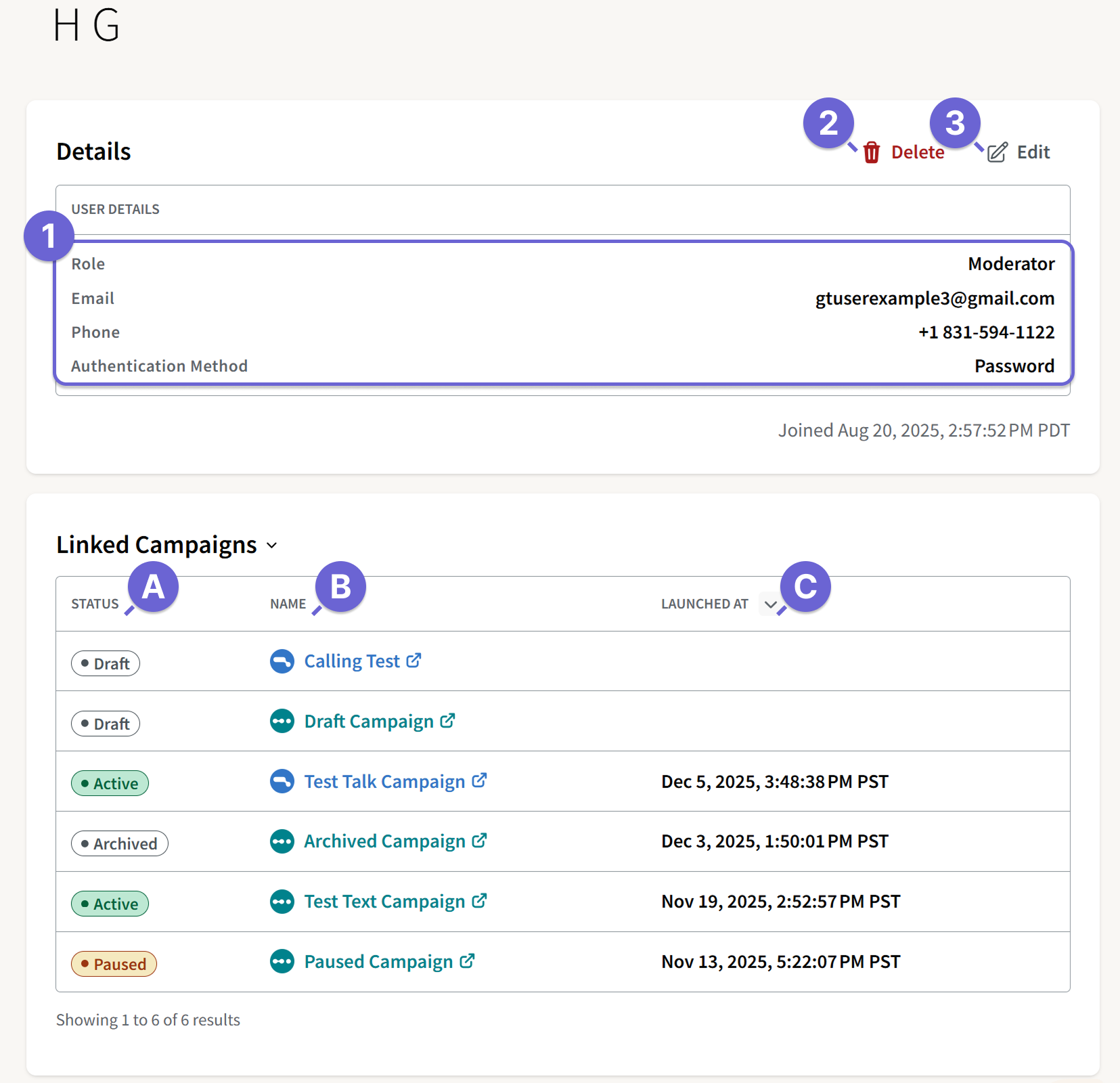 Screenshot of the Users Details page.