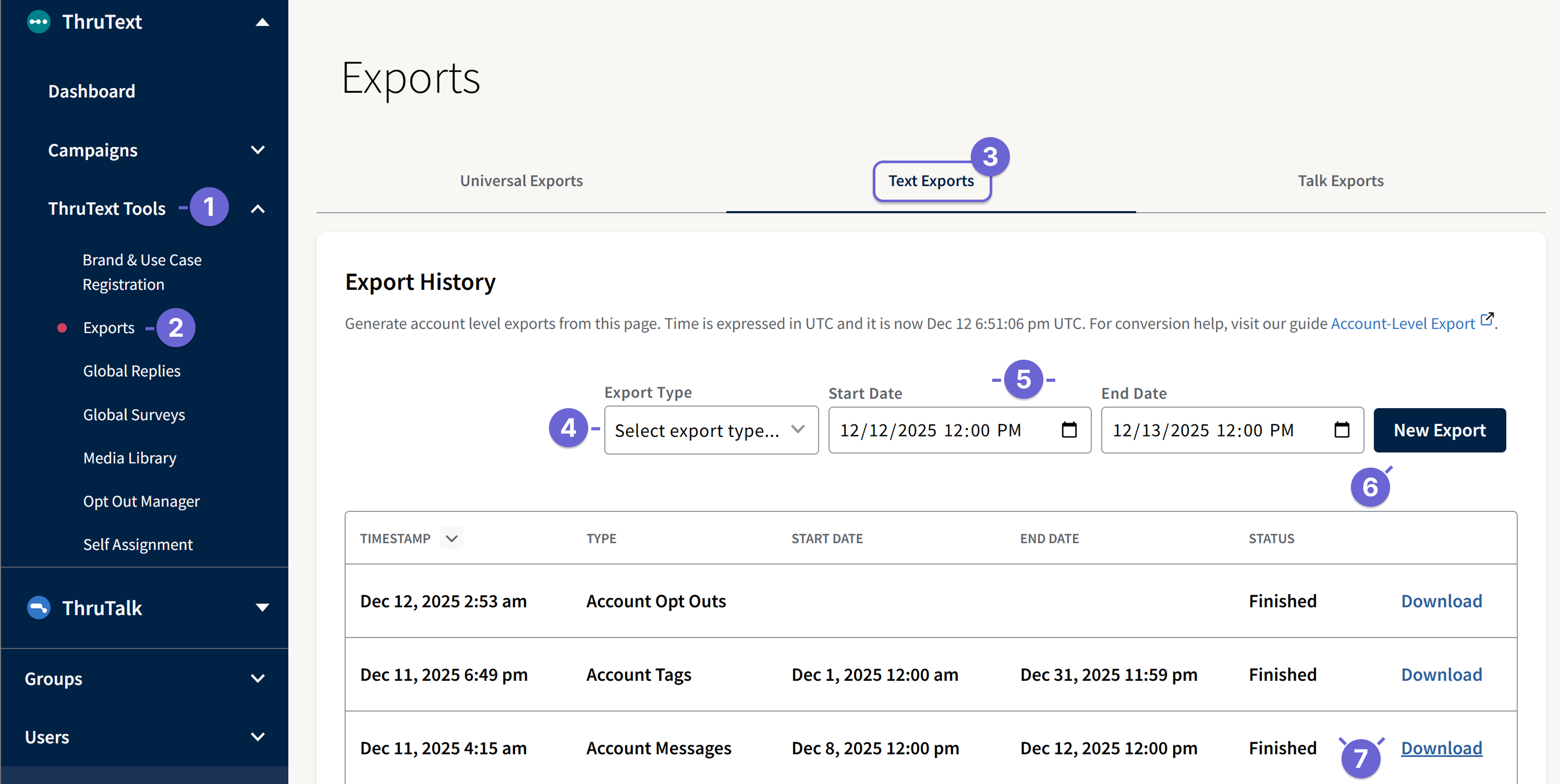 Screenshot of the Account Tools ThruText Export tab