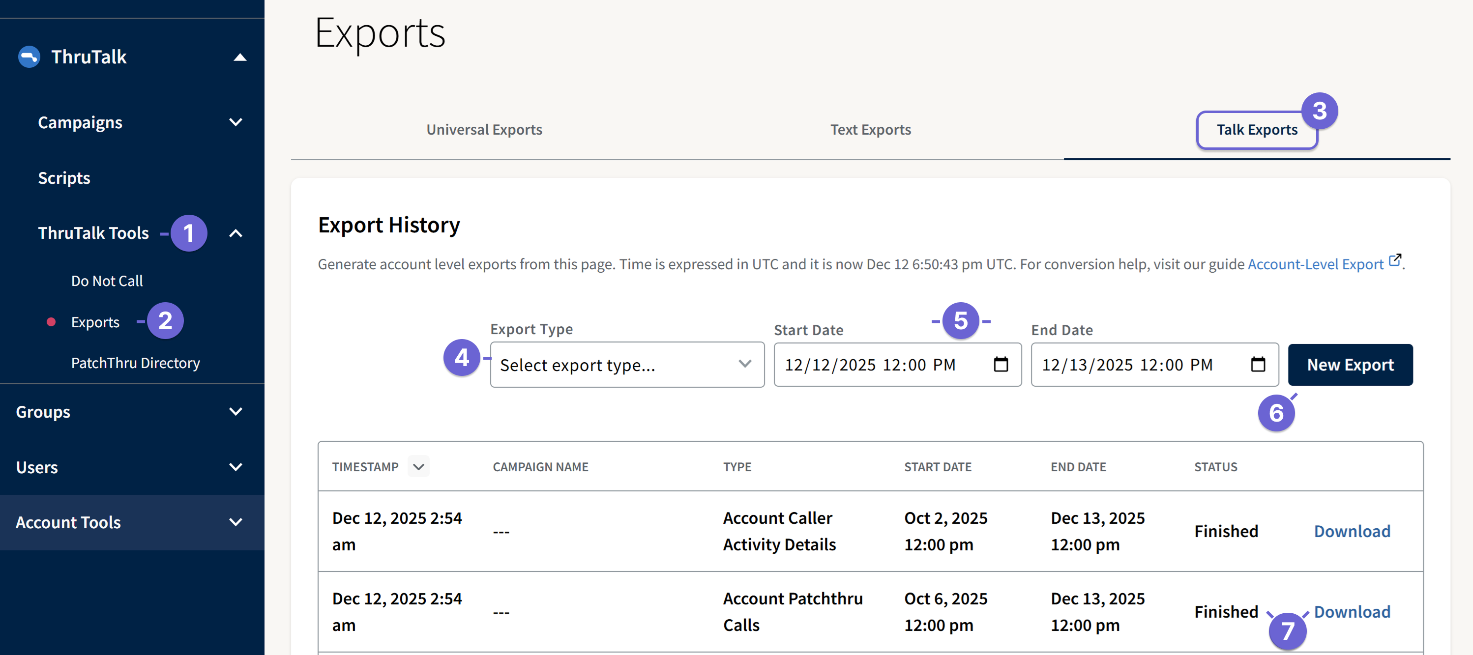 Screenshot of the Account Tools ThruTalk Export tab
