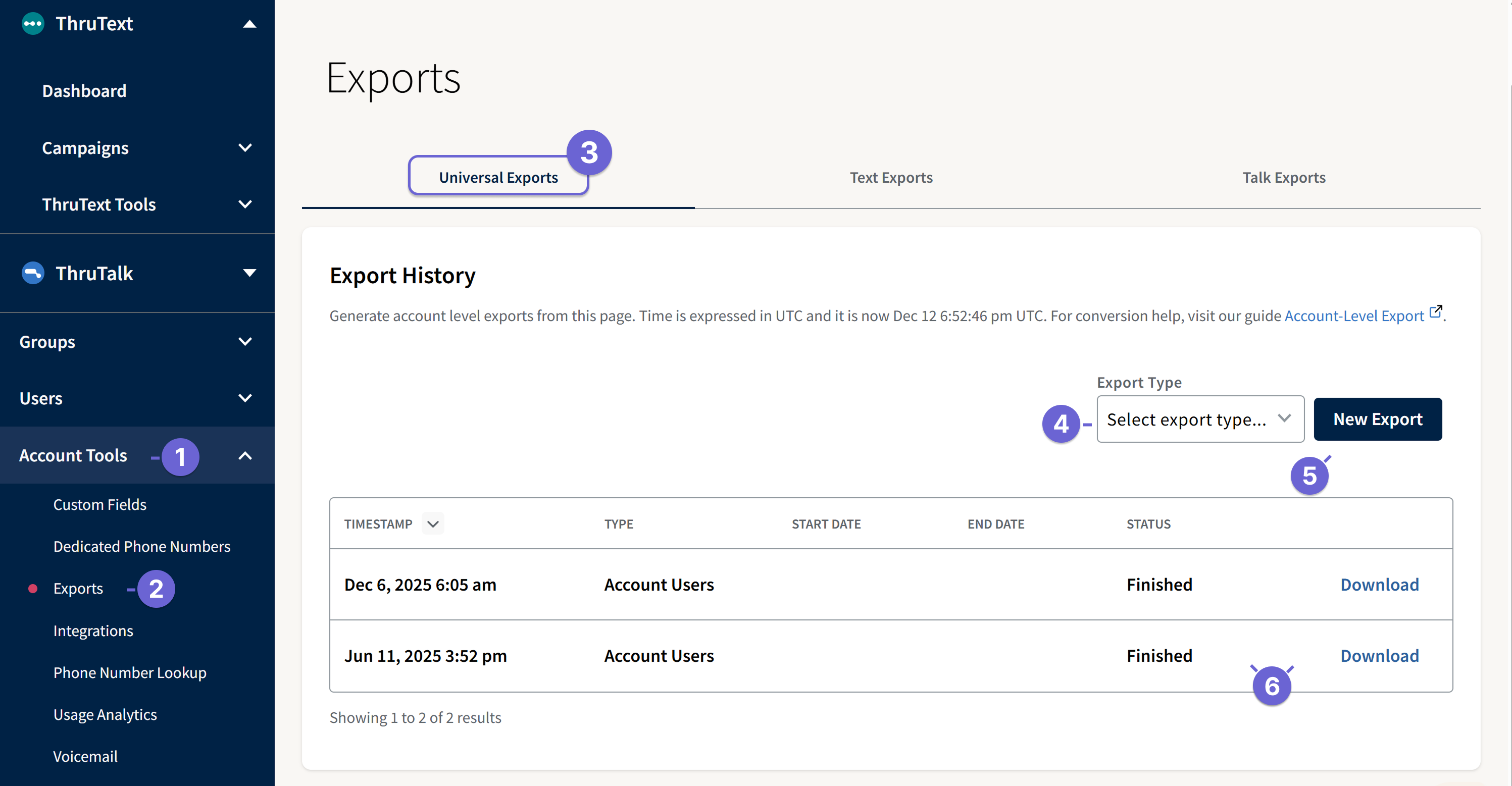 Screenshot of the Account Tools Universal Export tab
