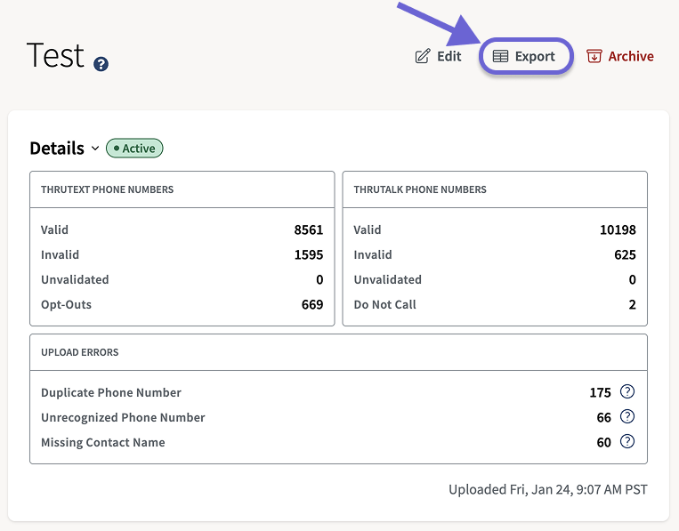 Screenshot a Groups Details page showing the header in black text with 4 dark grey buttons to its right on a beige background. There is a green rectangle around the "Export" button.