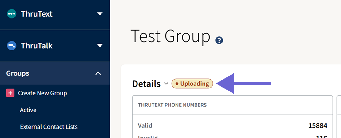 A dashboard view where the group’s upload status is marked as "Uploading" in the Details section.