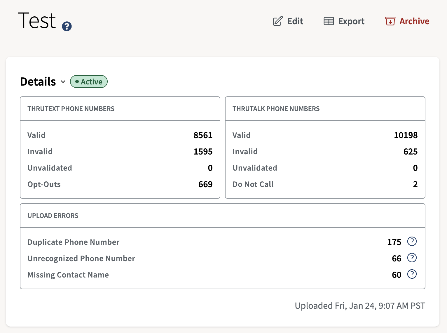 Screenshot of numerical values in black text on white background. On the top half, the numbers correspond with ThruText, and on the bottom they correspond with ThruTalk.