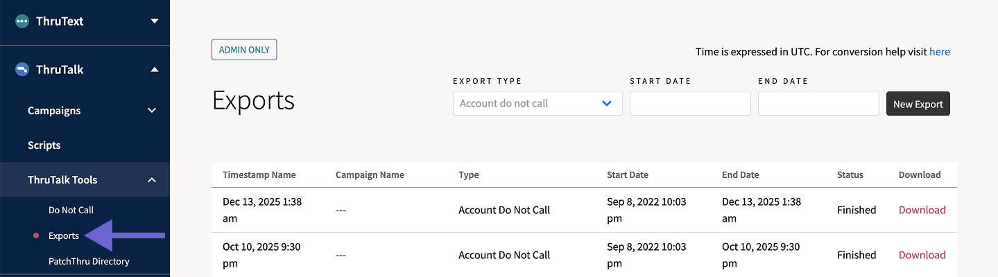Screenshot showing the Exports page in ThruTalk, highlighting how to generate and download a Do Not Call list export.