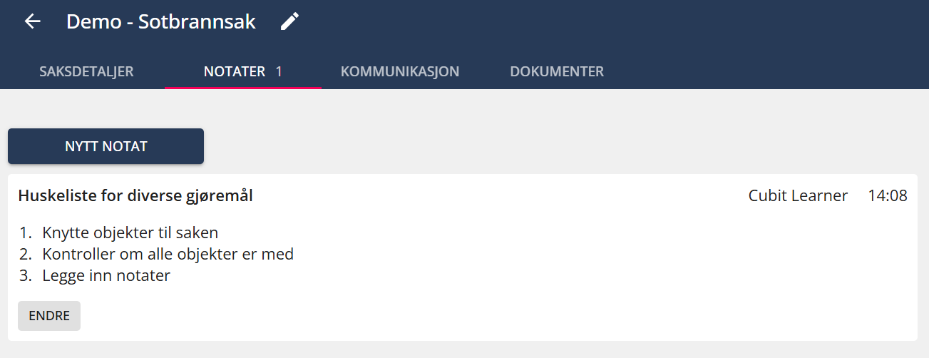 Bildetekst: Notat er lagret og ligger i oversikten