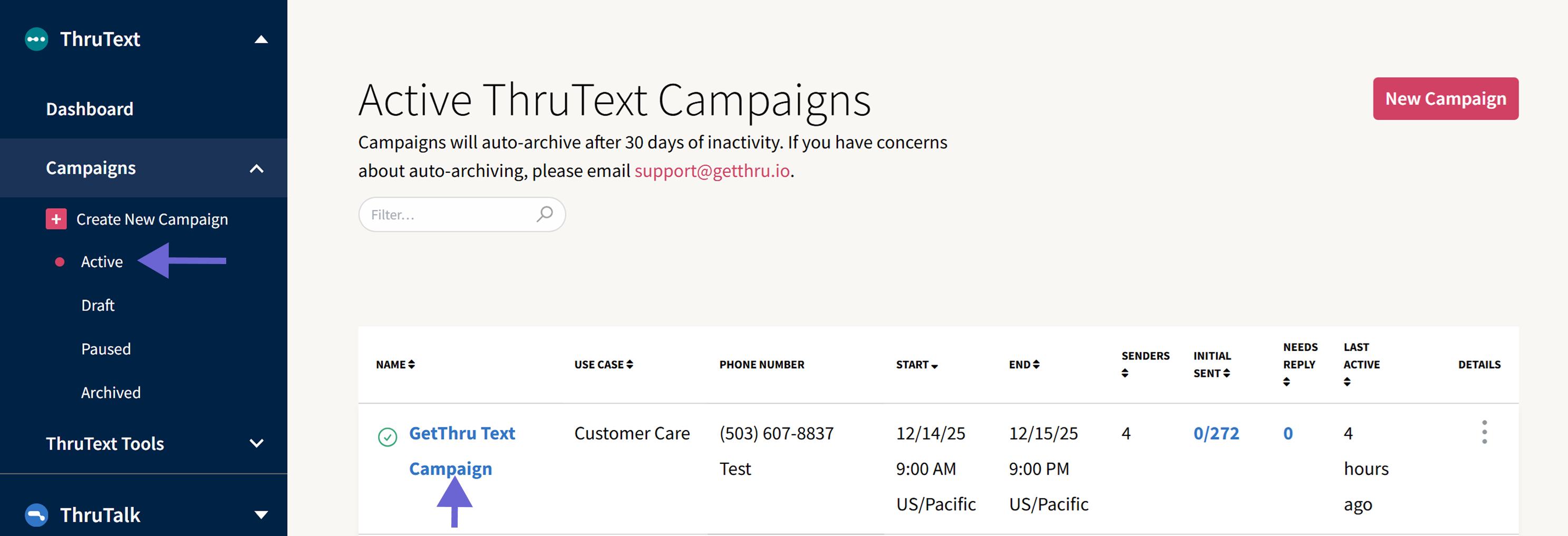 Screenshot of the ThruText Active Campaign index page