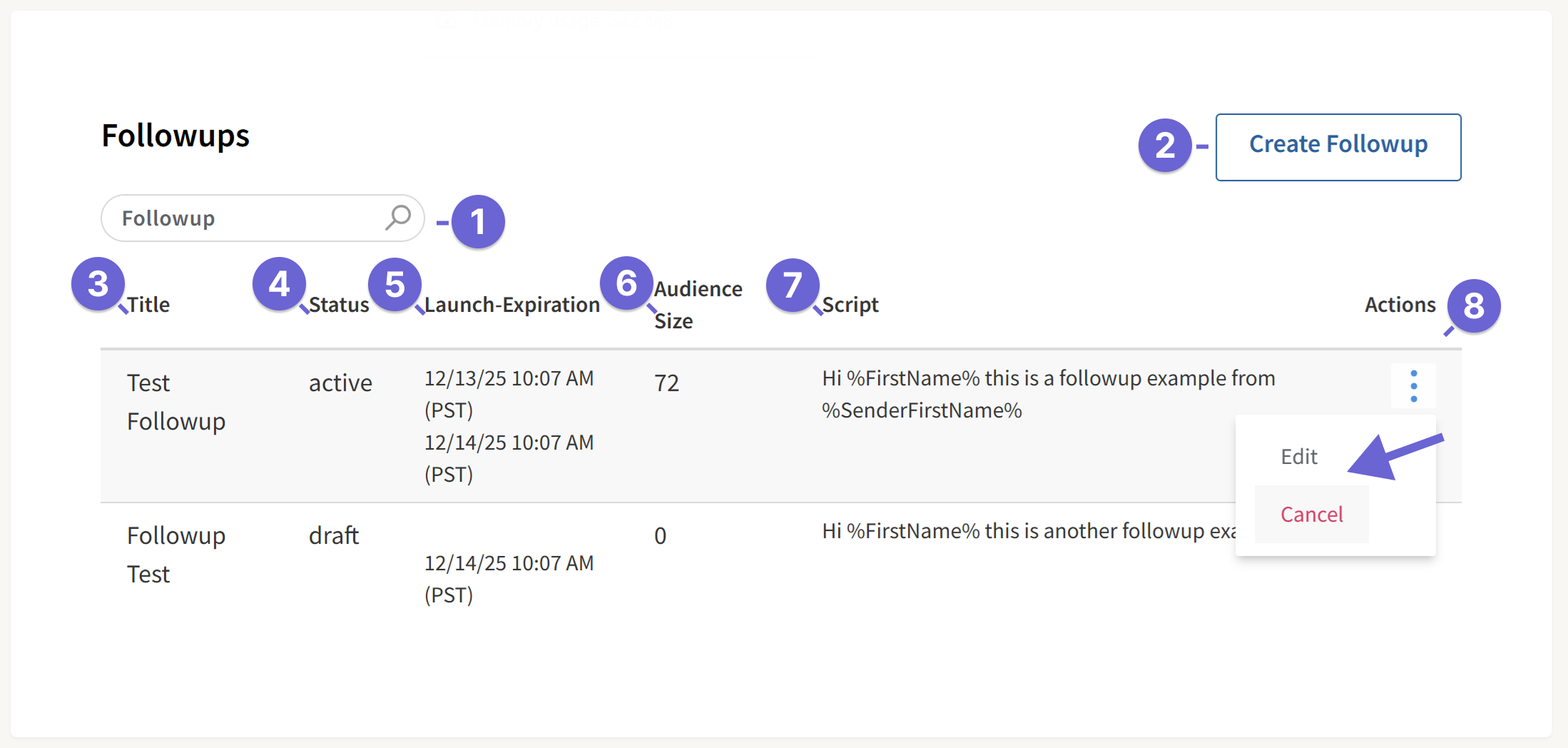 Screenshot of the Followups campaign section
