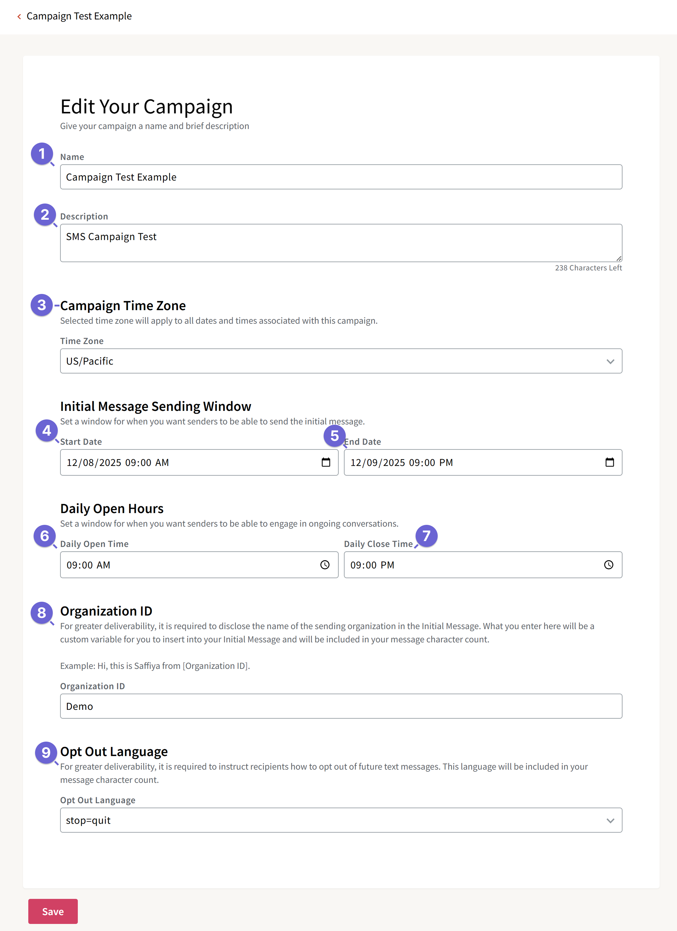 Screenshot of the Campaign Edit page to update campaign fields
