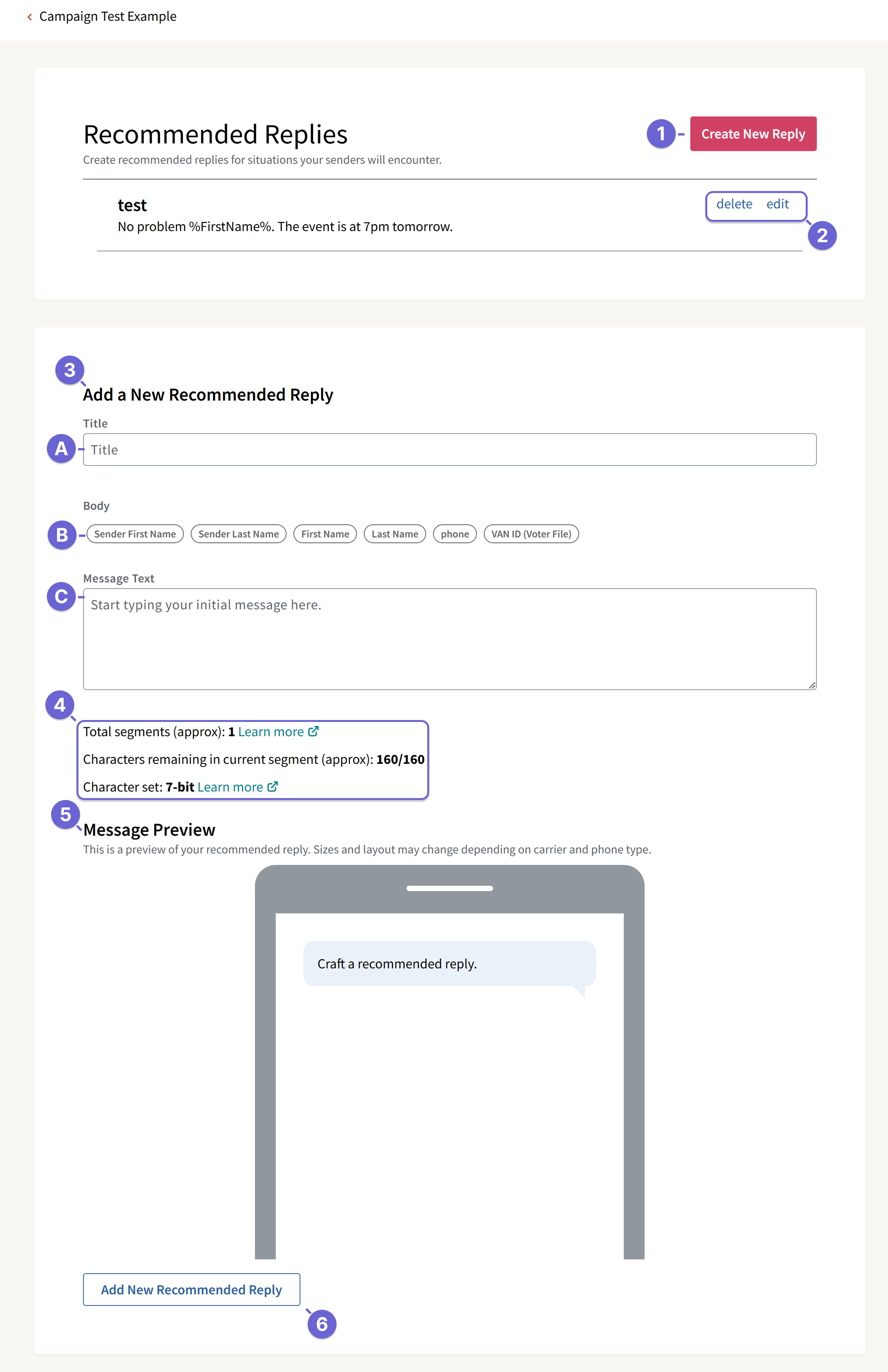 Screenshot of the Recommended Replies section for a campaign