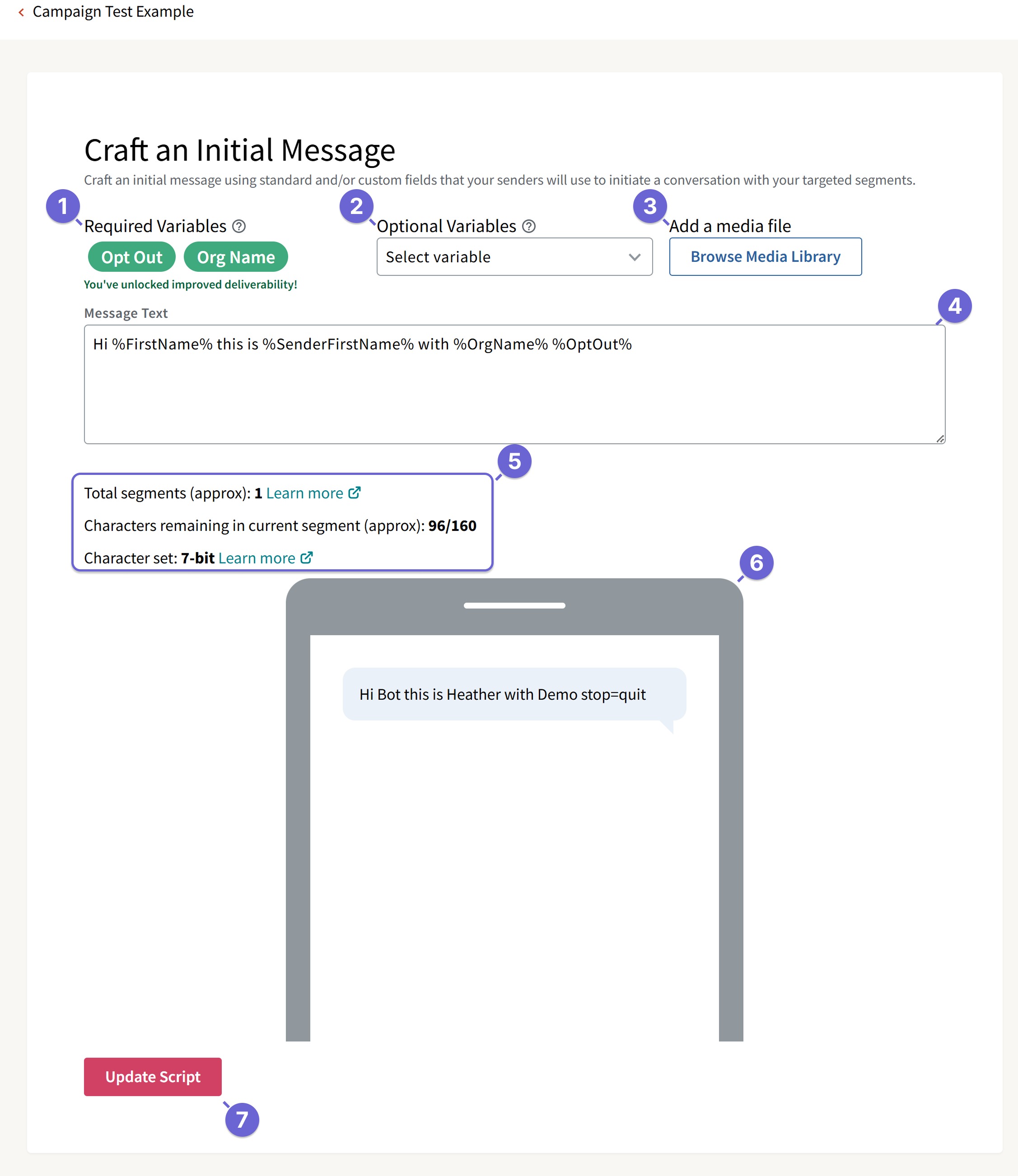 Screenshot of the Script tab that is available within paused campaigns