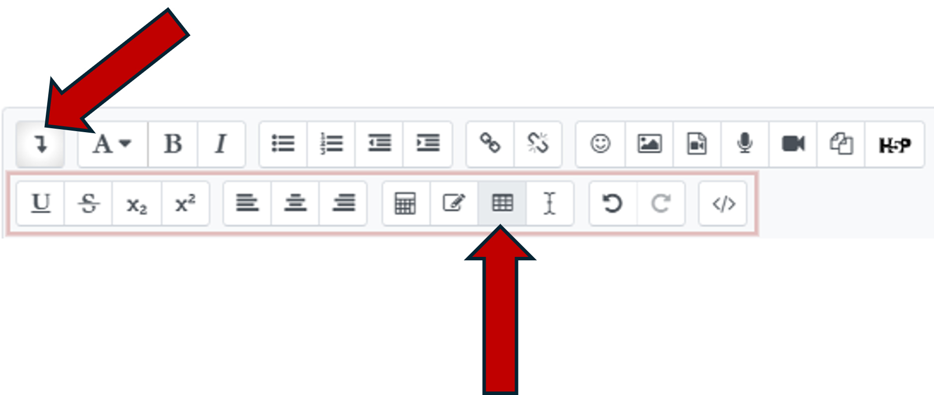 Show more options is a button on the top left. Insert or Edit Table is a button in the bottom middle of the second tier of buttons.