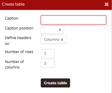 Create Table popup has fields for: Caption, Caption position, define headers on, number of rows, and number of columns.