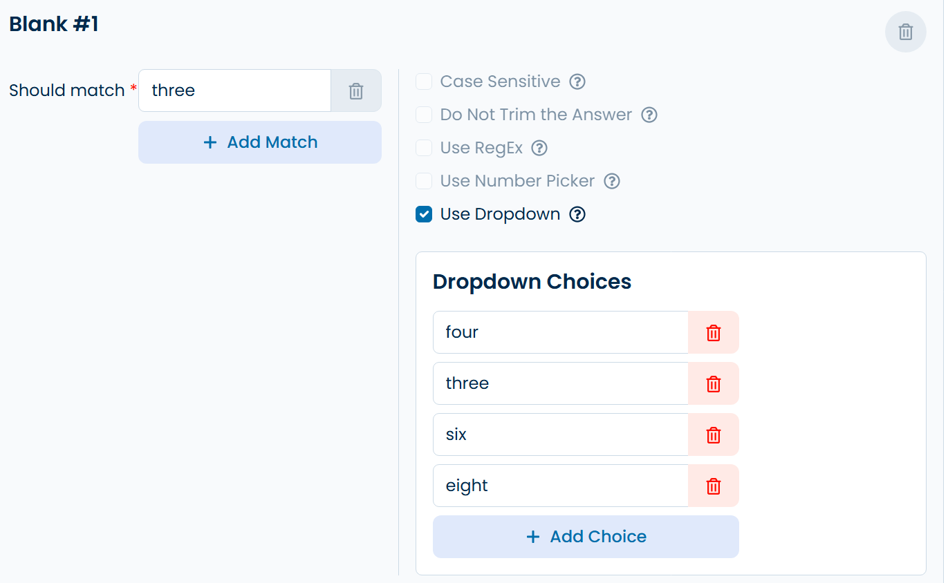 Fill In The Blanks dropdown interface