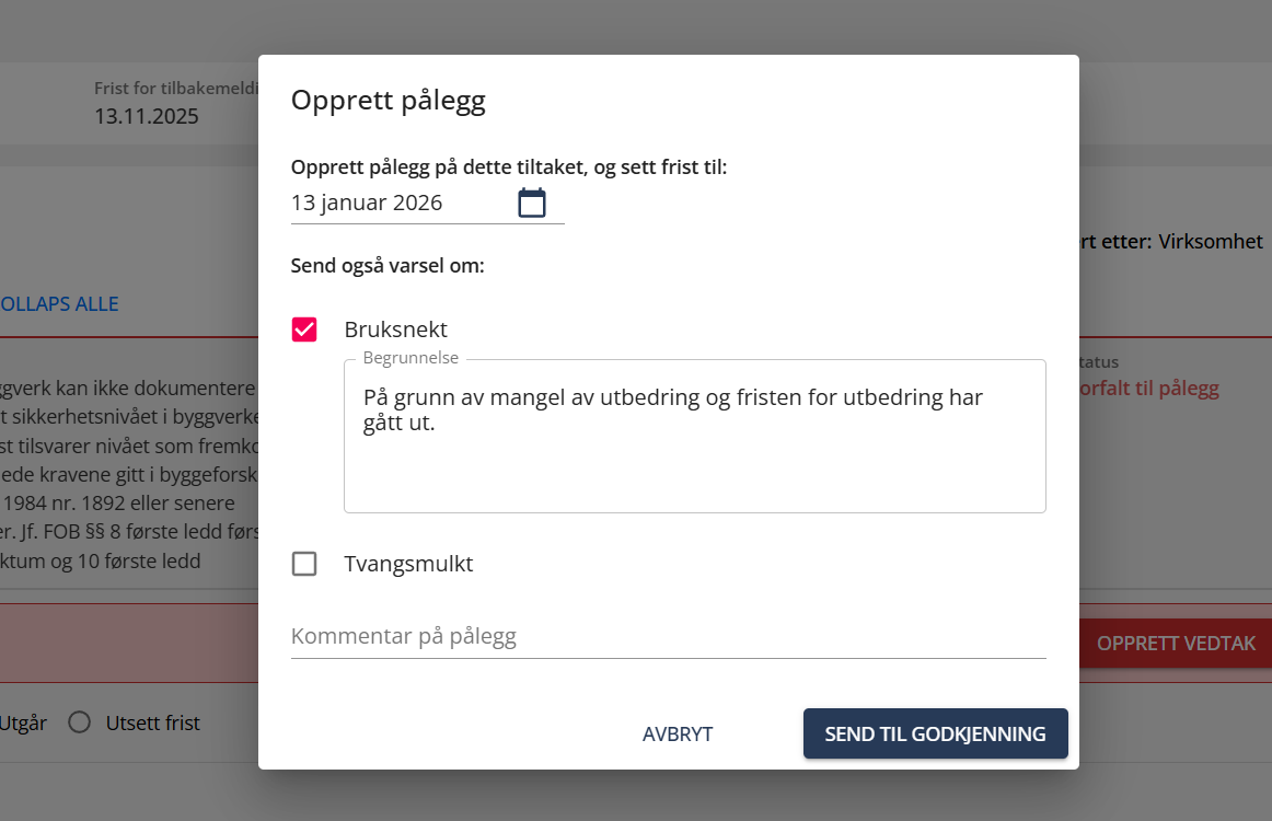 Bildetekst: Opprett pålegg - utfylling av informasjon