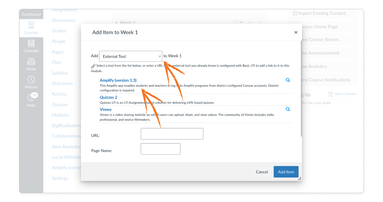 In the Canvas Add Item window, orange arrows point to the External Tool and the Amplify (version 1.3) options.
