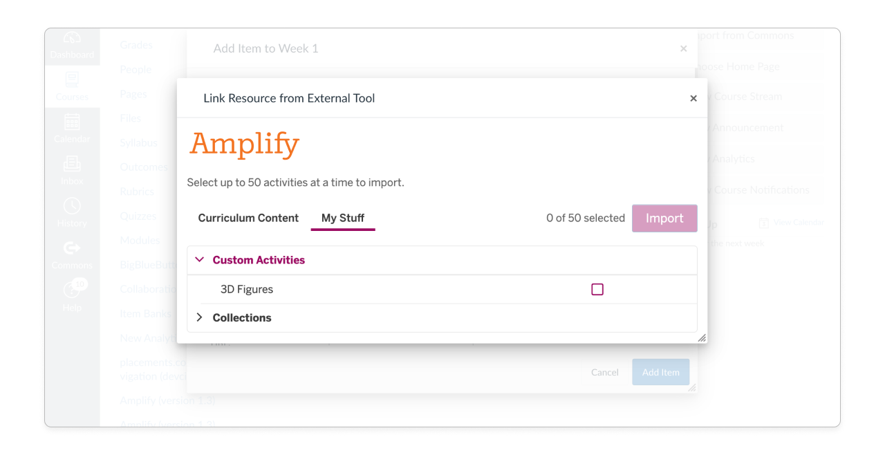 In the Canvas Link Resources window, the My Stuff tab is underlined, showing custom activities and collections that can be imported.