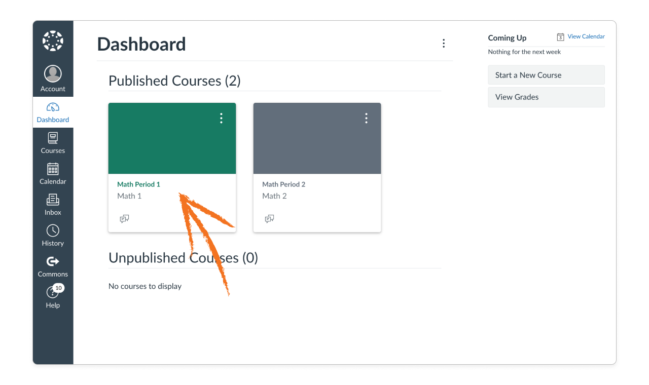 On the Canvas dashboard, an orange arrow points to the published course Math Period 1.