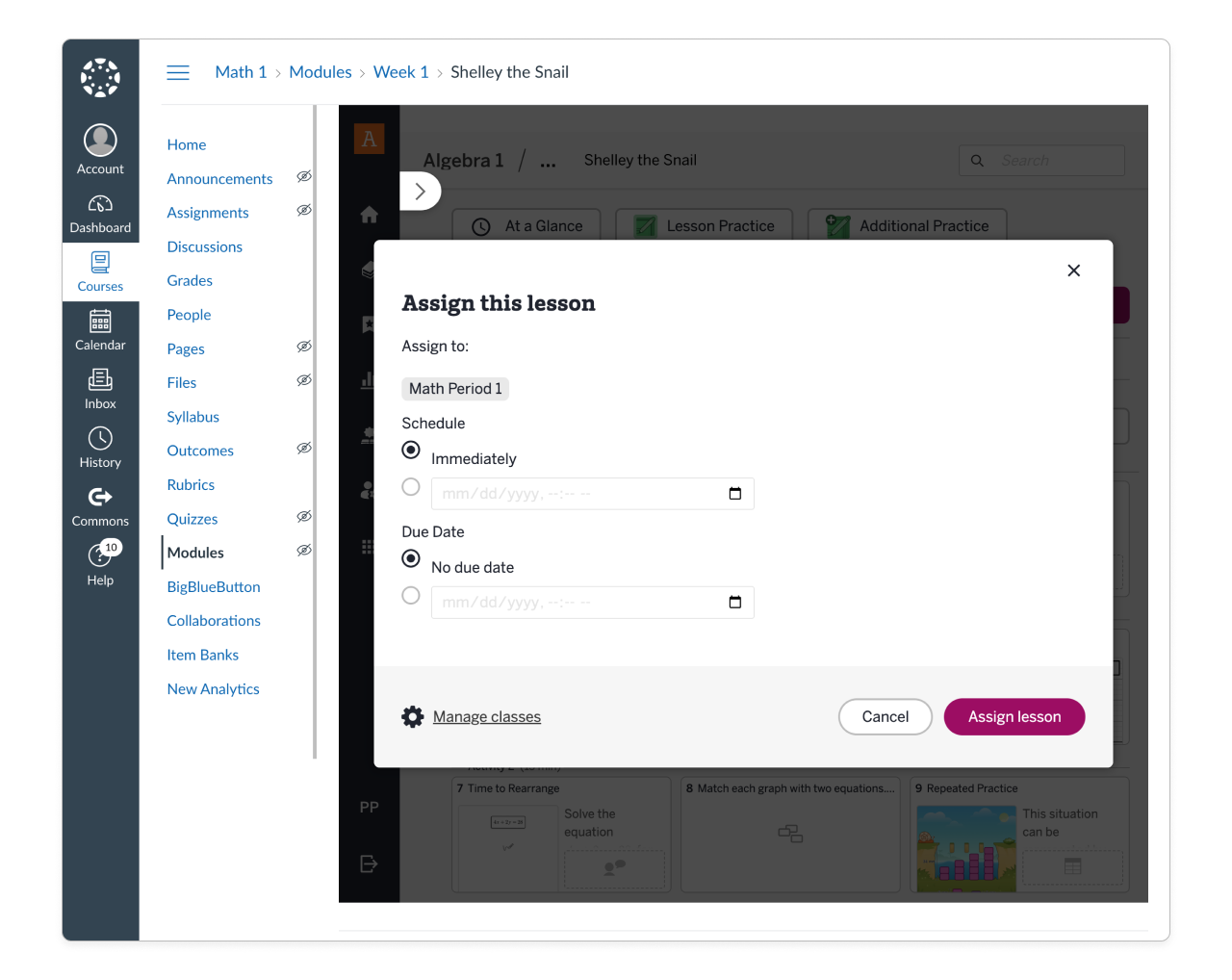 On the Canvas Courses Modules screen, the Assign this lesson window is open, selections have been made for the Schedule and Due Date options, activating the Assign lesson button.
