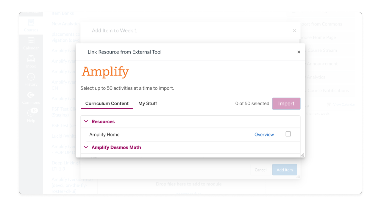 In the Canvas Link Resources window, the Curriculum Content tab is underlined, showing Amplify content and Resources, which include links to Educator Home.