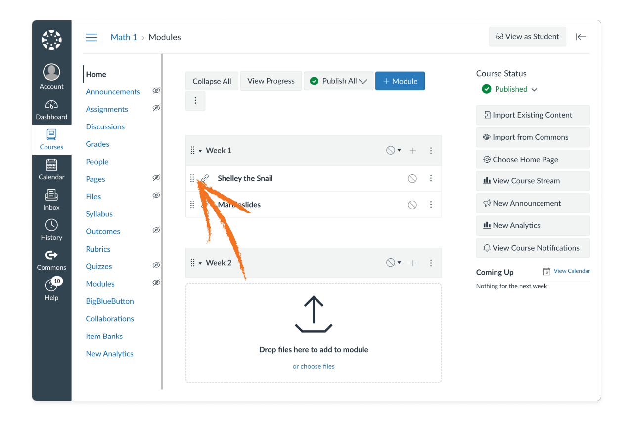 In the Canvas content window for Week 1, an orange arrow points to the icon that can be clicked to drag and reorder links.