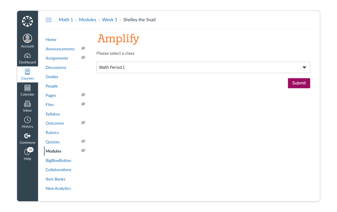 On the Canvas Courses Modules screen, the Math Period 1 class has been selected, and the Submit button is active.
