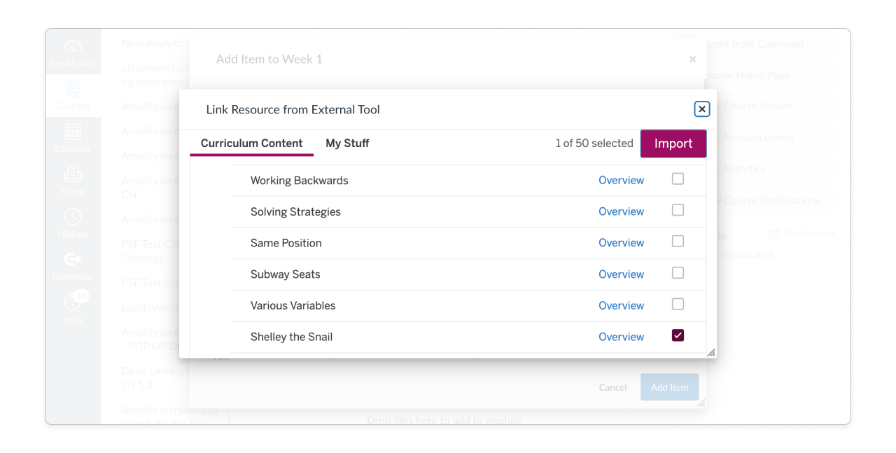 In the Canvas Link Resources window, the Curriculum Content tab is underlined, and one resource is selected, activating the Import button.