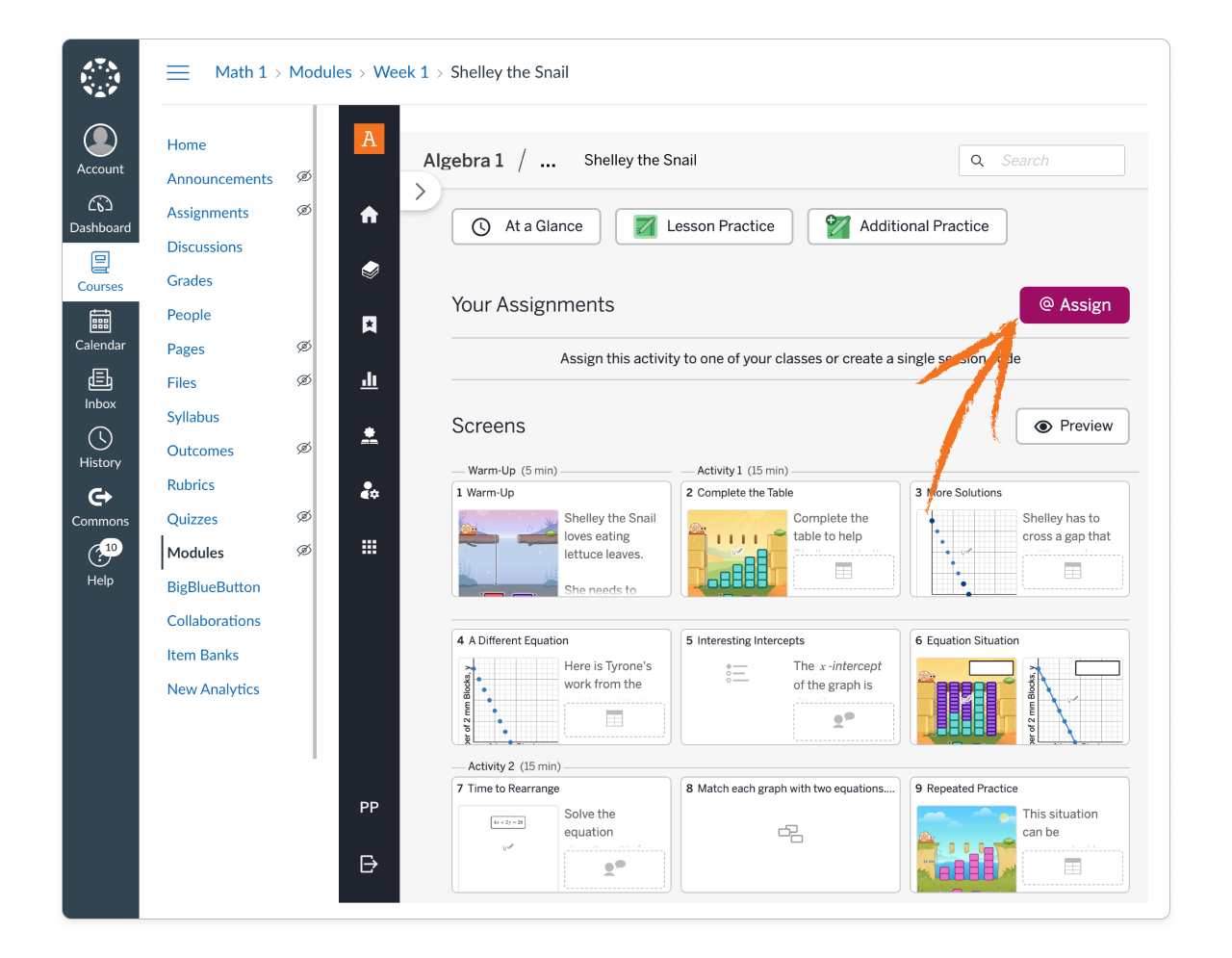 On the Canvas Courses Modules screen, an imported activity displays in Amplify Classroom, and an orange arrow points to the Assign button.