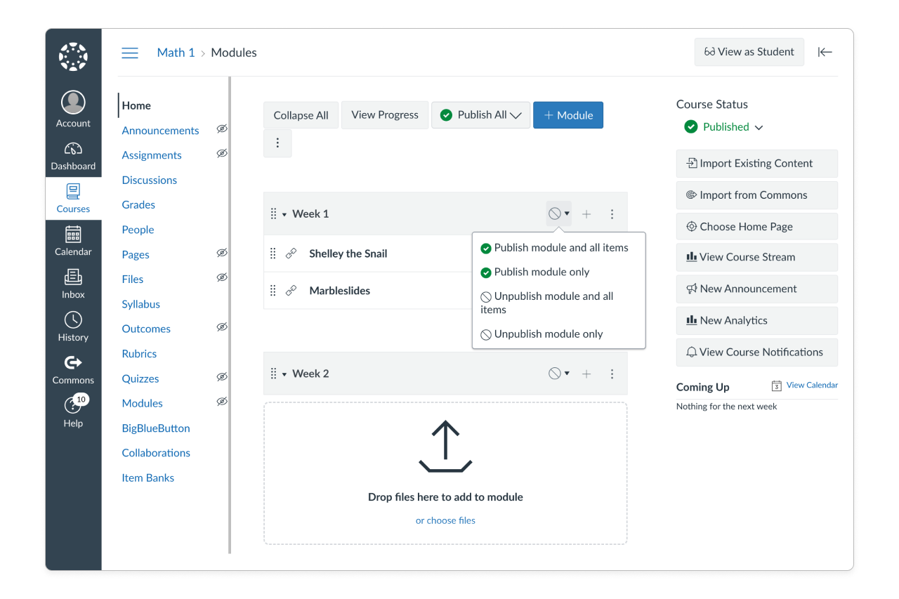 In the Canvas content window for Week 1, a window shows the options for publishing the module and its imported links in Canvas.