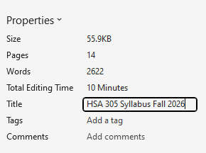 Title has been changed to HSA 305 Syllabus Fall 2026