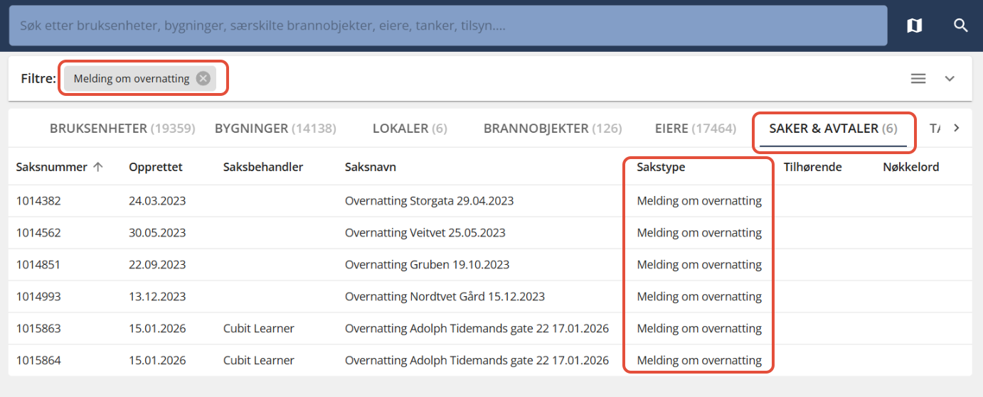 Bildetekst: Søkeresultat sakstype melding om overnatting