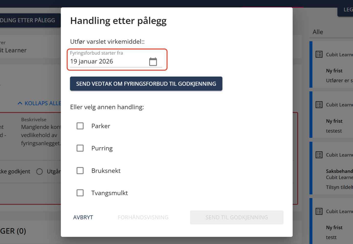 Bildetekst: Handling etter pålegg vindu