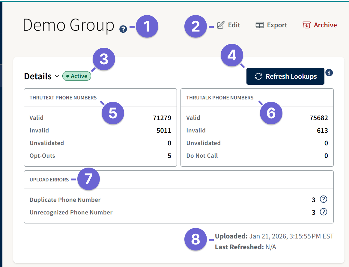 Screenshot of numerical values in black text on white background. On the top half, the numbers correspond with ThruText, and on the bottom they correspond with ThruTalk.