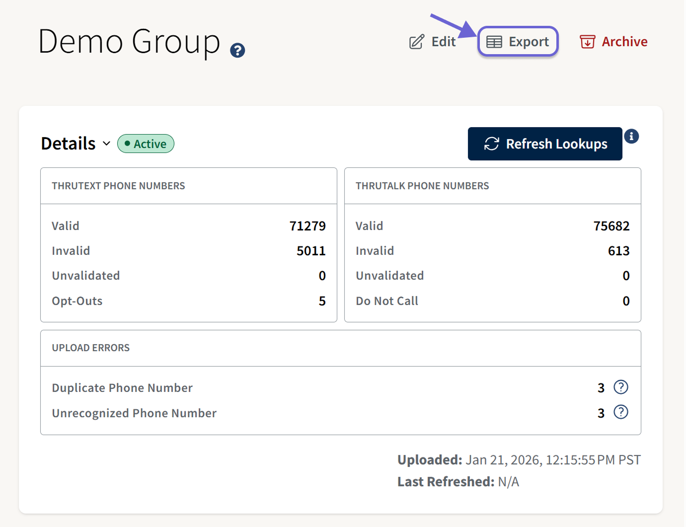 Screenshot a Groups Details page showing the header in black text with 4 dark grey buttons to its right on a beige background. There is a green rectangle around the "Export" button.
