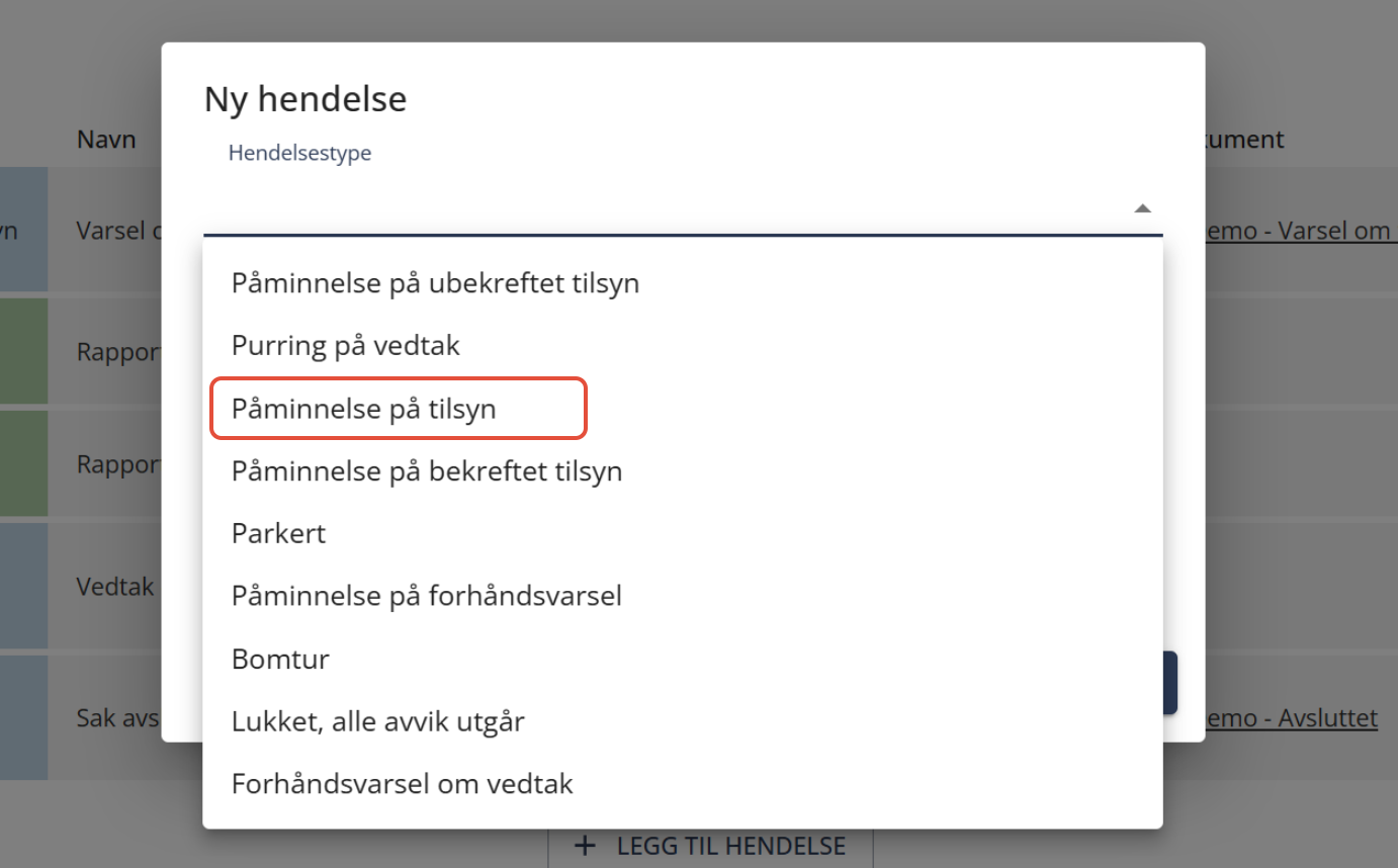 Bildetekst: Velg hendelsestype fra nedtrekksmeny