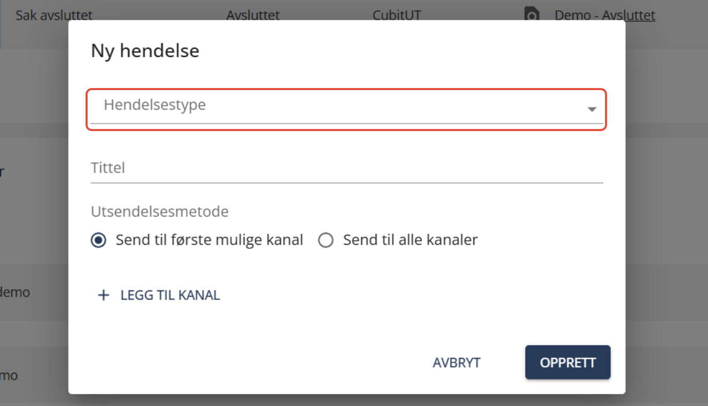 Bildetekst: Velg hendelsestype