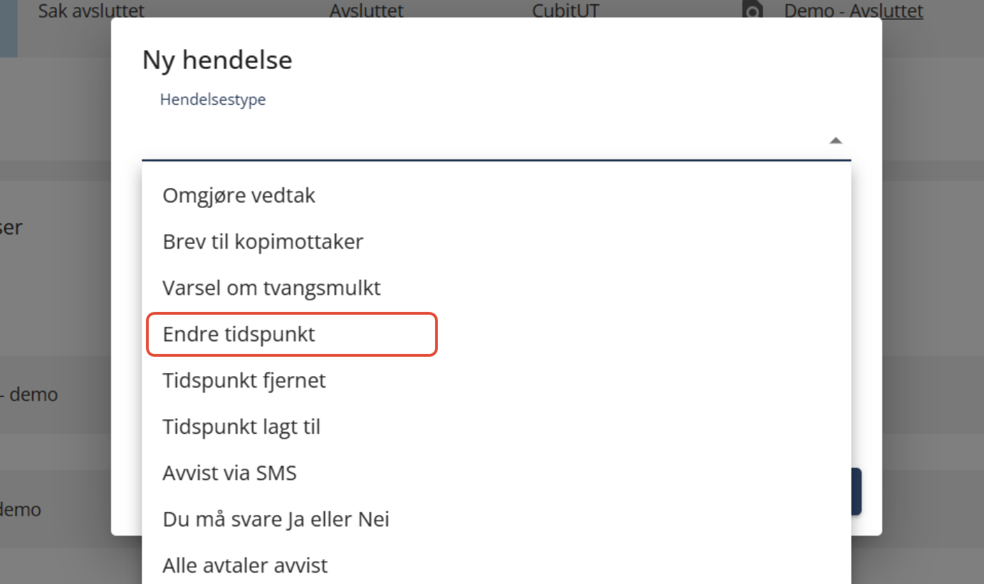 Bildetekst: Velg hendelsestype fra listen