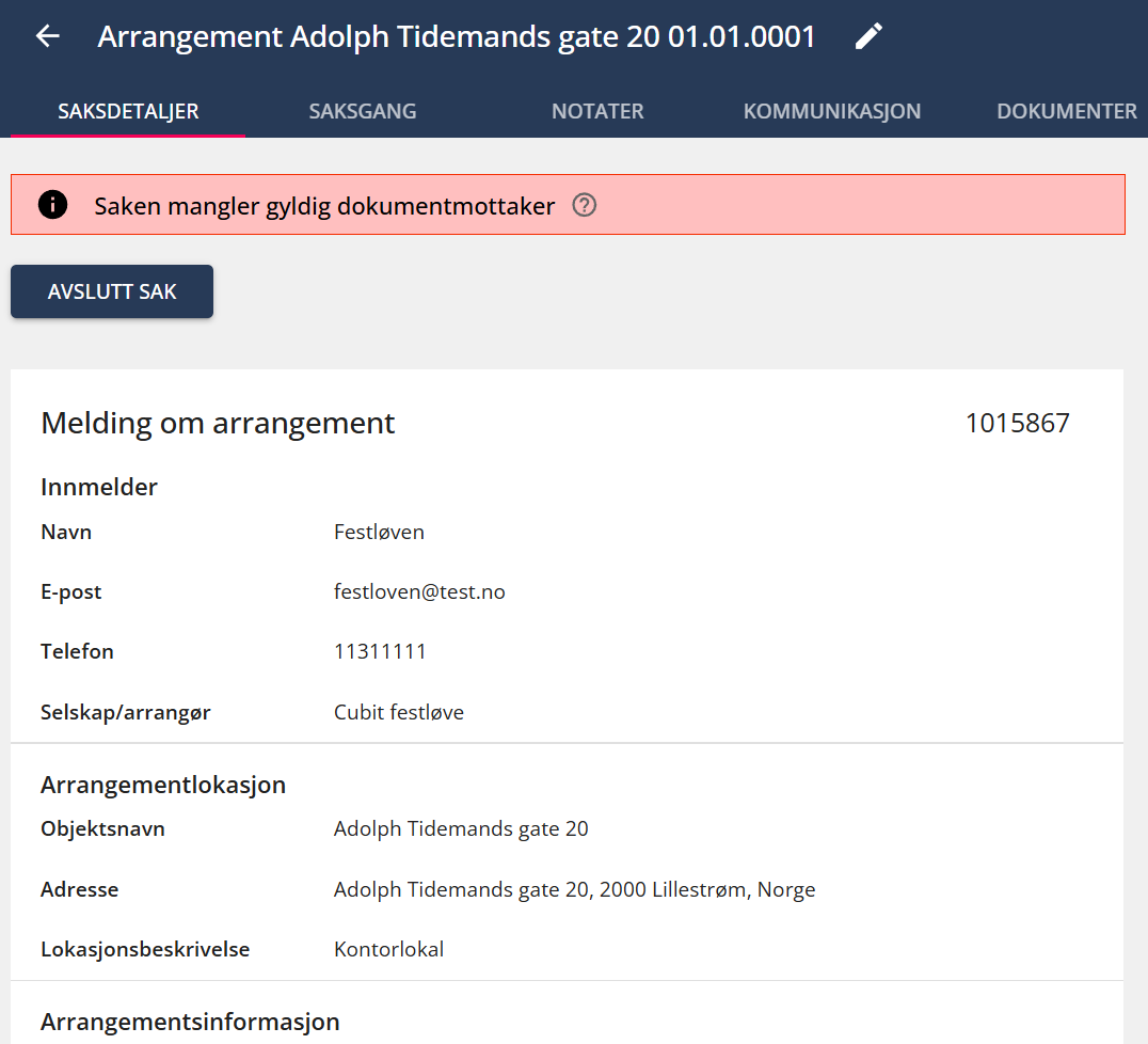 Bildetekst: Arrangement side med info