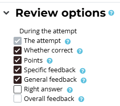 The review options selected are: the attempt, whether correct, points, specific feedback, and general feedback.