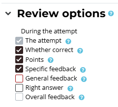 The review options selected are: the attempt, whether correct, points, and specific feedback.